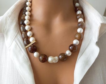 Handmade Agate and Baroque Pearl Necklace Bracelet Set, Gift Jewelry