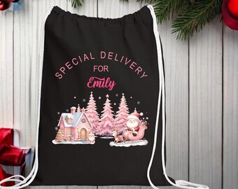 May include: Black drawstring bag with a white border. The bag has a pink and white design with a Christmas scene featuring Santa Claus, a reindeer, a house, and trees. The text "SPECIAL DELIVERY FOR Emily" is printed on the bag.