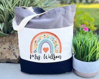 Personalized Teacher Bag, Boho Rainbow Teacher Bag, Custom Teacher Bag, Back to School Gift, Teacher Appreciation Gift, Teacher Gifts