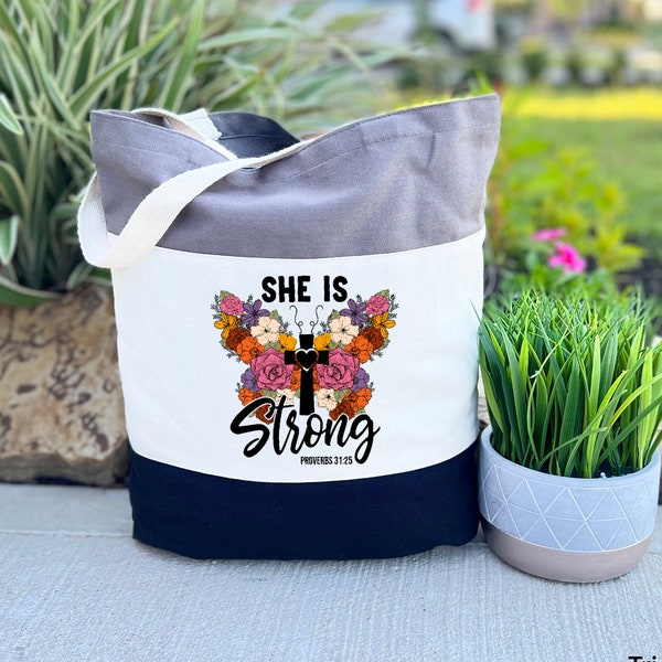 She is Strong Tote Bag, Christian Tote Bag, Blessed Tote Bag, Christian Gift for Woman, Religious Gift, Bible Verse Tote Bag, Church Gift