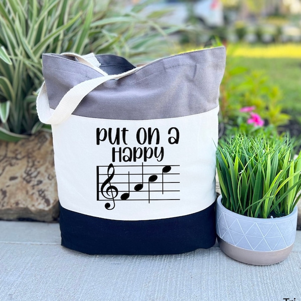 Put On A Happy Face Tote Bag, Music Tote Bag, Gift for Musician, Music Lover Gift, Music Therapy Gift, Music Teacher Gift, Birthday Gift Bag