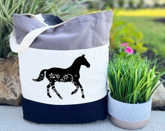 Floral Horse Tote Bag, Horse Lover Gift, Equestrian Gift, Horseback Riding Bag, Valentine Gift, Personalized Horse Bag, Horse Gift for Girls