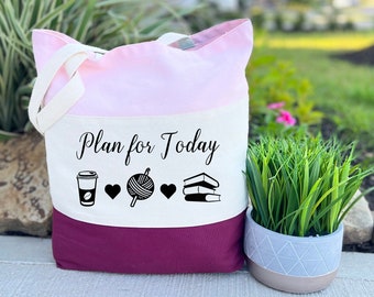 Plan For Today Tote Bag, Coffee Knitting Book, Knitting Bag, Knitter Gift, Book Lover Gift, Gift for Women, Mom Knitting Bag, Grandma Gift