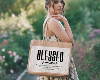 Blessed Jute Bag, John 20:29 Jute Bag, Christian Bible Verse Bag, Faith Christian Bag, Inspirational Bag, Jesus Gift, Religious Jute Bag
