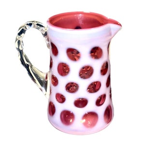 Vintage Fenton Glass Cranberry Opalescent Coin Dot Creamer Pitcher - Pink Interior White w/ Pink Dots Exterior - Applied Clear Handle