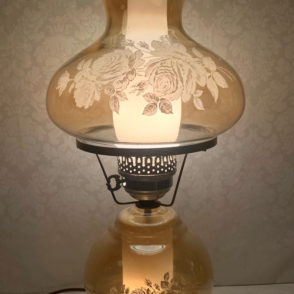Accurate Casting GWTW Style 3 Way Lighting Hurricane Lamp Double Glass Globe Shades Iridescent Honey Amber w/ Hand Painted White Rose Design