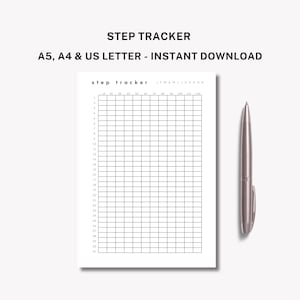 May include: A white step tracker printable with a grid for tracking steps, with the text "STEP TRACKER" and "A5, A4 & US LETTER - INSTANT DOWNLOAD". A silver pen is next to the tracker.