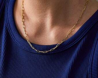 14K Gold Paperclip Chain Necklace, Dainty Paperclip Necklace, Gold Link Chain Necklace, Gold Paperclip Necklace, 925K Silver Paperclip Chain