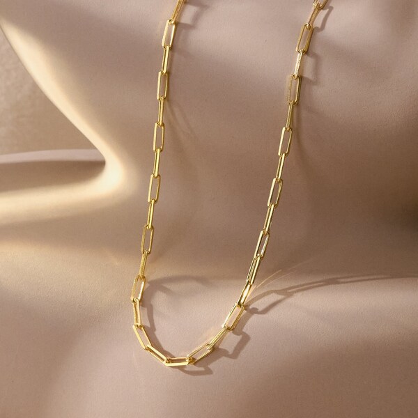 Gold Paperclip Chain Necklace, Open Link Chain Necklace, 12-22 inches Chunky Gold Paperclip Necklace, 925K Sterling Silver Paperclip Chain