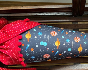 School cone fabric cover fabric sewn space rockets planets black red with name