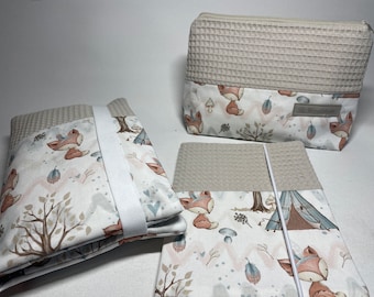 Diaper bag, U booklet cover, toiletry bag and utensil forest animals fox beige