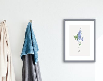 July Birth Flower Print, Larkspur Floral Wall Art