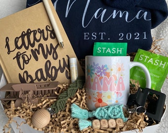 New Mom Care Package; Custom Mama Sweatshirt, Macrame Keychain & Coffee Mug