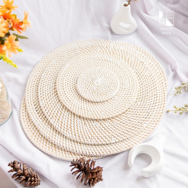 Round White Wash Rattan Placemat, Placemat for Dining Table, Wicker Round Coster, Rattan Coaster, Handcrafted in Indonesia