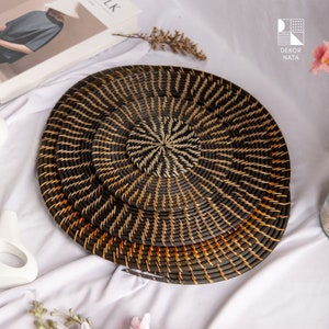 Black & Natural Round Rattan Placemats, Black Placemat For Dining Table, Boho Placemat, Handcrafted in Indonesia