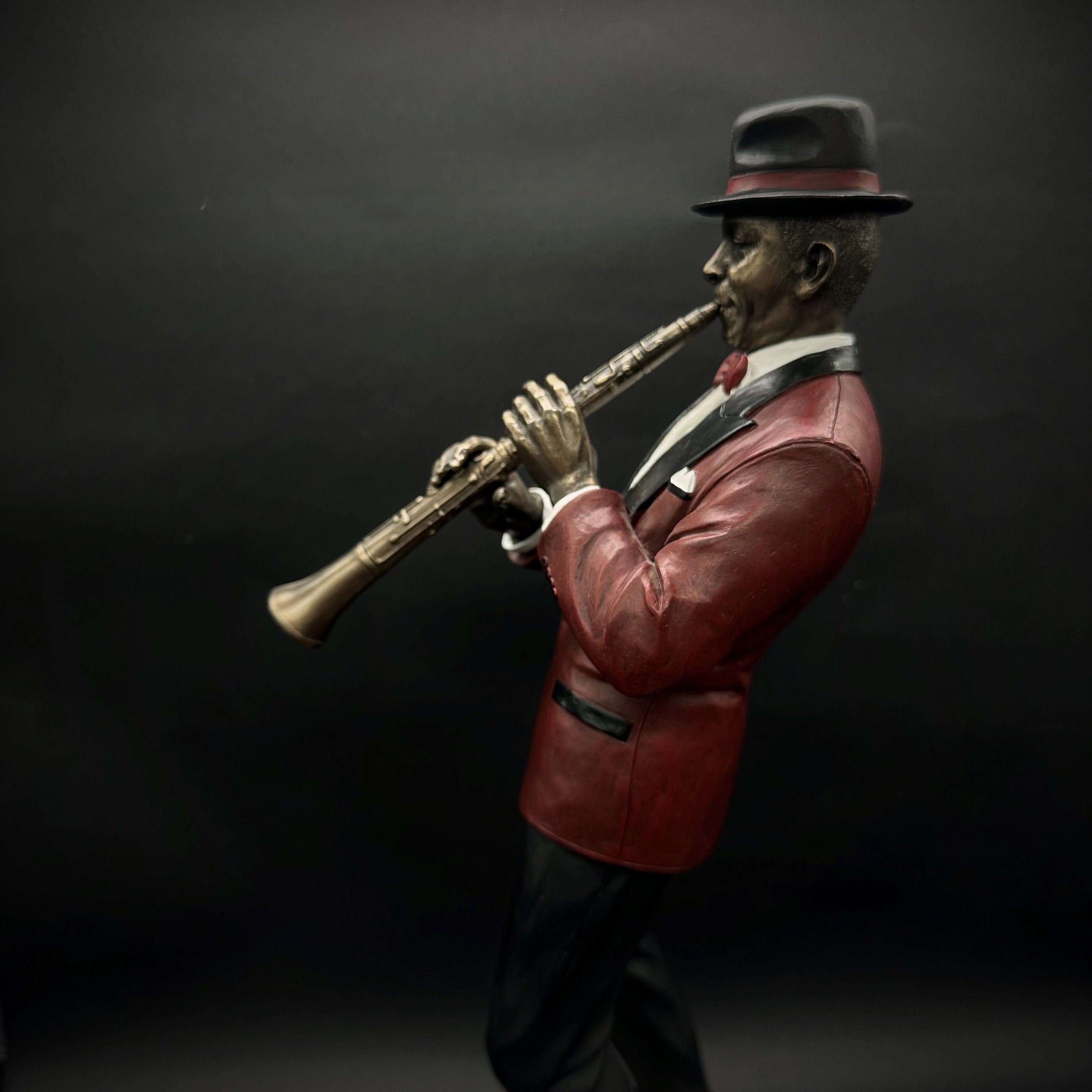 ブロンズ仕上げのクラリネット奏者の置物：ジャズアールデコ彫刻