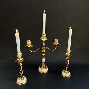 Vintage Brass and Mother of Pearl Candle Holder Set Elegant Gold Candelabra Trio