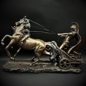 Roman Warrior with Chariot Bronze Finish Statue Historical Artifact Decor