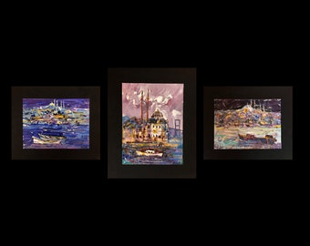 3-in-1 set ISTANBUL - ORTAKOY - GOLDEN Horn Oil Painting Signed by Painter Faruk Kaya, Original  Minimalist Square Wall Art  Gift Painting