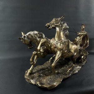 Ancient Roman Warrior Chariot Bronze Finish Statue with Two Galloping Horses