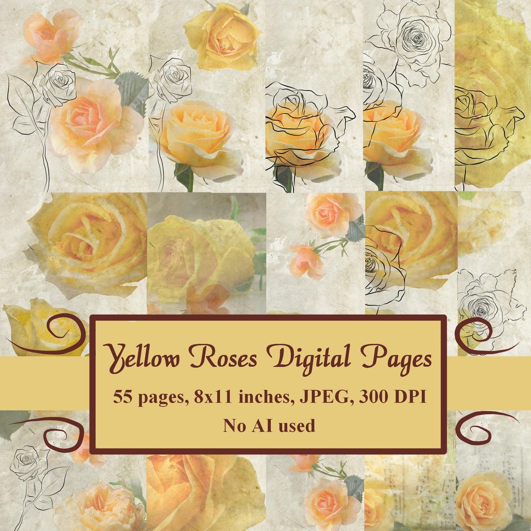 Yellow Roses Digital Yellow Roses Digital Paper Pack, Shabby Chic Floral Journal Kit ...