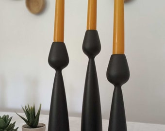 Juego de 3 portavelas de madera, candelabro negro hecho a mano, decoración moderna, regalo elegante único, candelabro decorativo para oficina