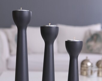 Set of 3 Wood Candle & Tealight Holder in Hard Coal Color, 3 pcs Candleholder, Romantic Dinner Table Decor, Birthday Gift