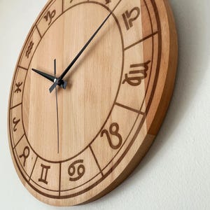 Beech Wood Zodiac Wall Clock: Silent Horoscope Decor