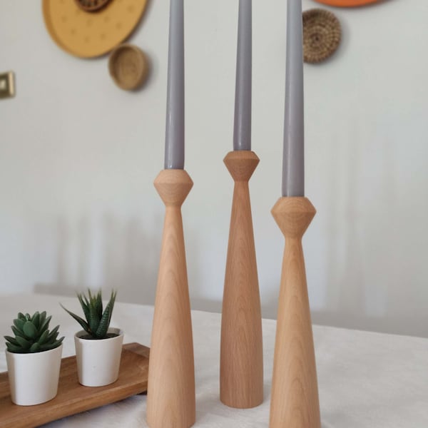 Scandinavian Style Wooden Candlestick Holder Set of 3 Natural Home Decor