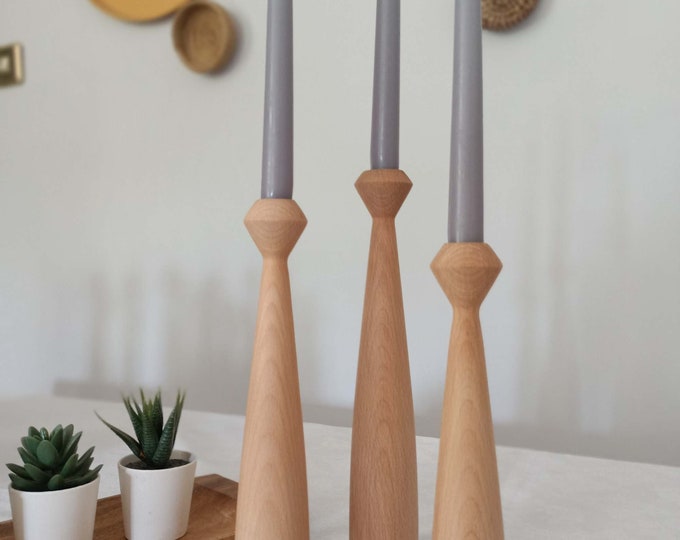 Scandinavian Style Wooden Candlestick Holder Set of 3 Natural Home Decor