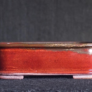 May include: A rectangular ceramic bonsai pot with a vibrant red glaze. The rim has a brown and gold finish, and the base features small feet. This handcrafted pot is ideal for small plants.