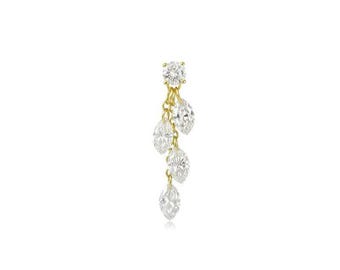May include: A gold-colored earring featuring a cluster of clear, sparkling gemstones. The earring has a small, round gem at the top, with four pear-shaped gems suspended below on delicate chains. The design is elegant and eye-catching.