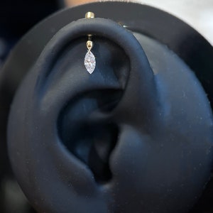 18K Solid Gold Floating Pear Diamond Charm Threaded Stud Earring, Au750 Unique extremely shiny earrings for Women, Wedding Anniversary gift.