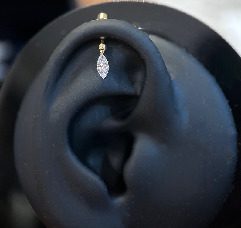 18K Solid Gold Floating Pear Diamond Charm Threaded Stud Earring, Au750 Unique extremely shiny earrings for Women, Wedding Anniversary gift.