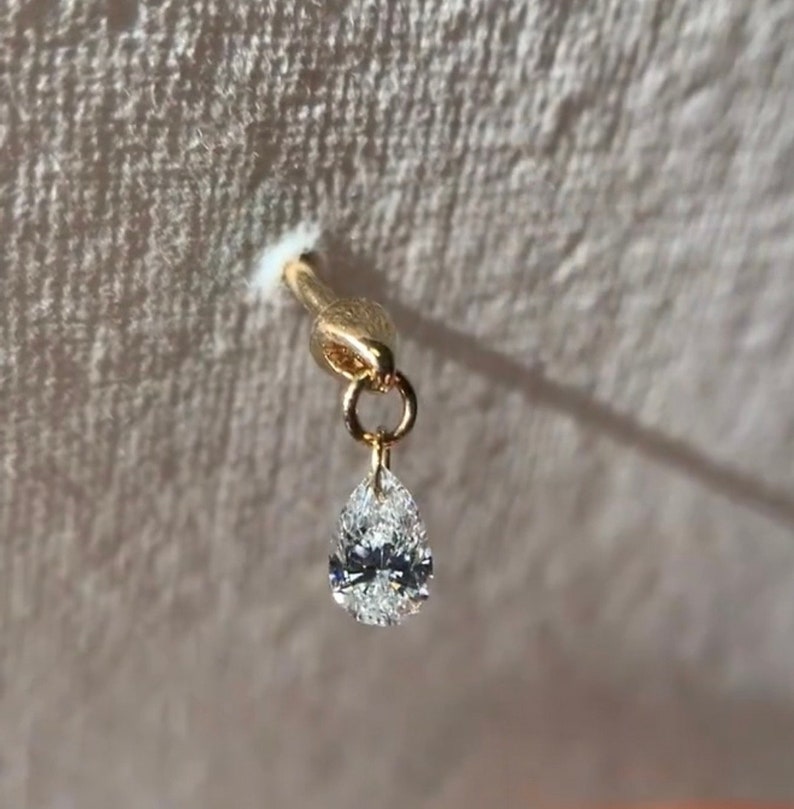 18K Solid Gold Floating Pear Diamond Charm Threaded Stud Earring, Au750 Unique extremely shiny earrings for Women, Wedding Anniversary gift.