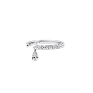 May include: A silver ring with a single teardrop-shaped diamond dangling from the band. The band is set with small diamonds.