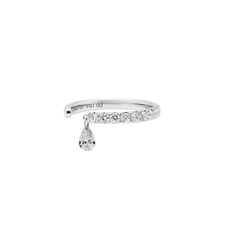 May include: A silver ring with a single teardrop-shaped diamond dangling from the band. The band is set with small diamonds.
