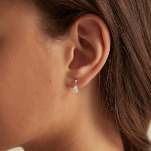 18K Solid Gold Floating Pear Diamond Charm Threaded Stud Earring, Au750 Unique extremely shiny earrings for Women, Wedding Anniversary gift.