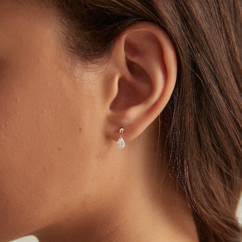 18K Solid Gold Floating Pear Diamond Charm Threaded Stud Earring, Au750 Unique extremely shiny earrings for Women, Wedding Anniversary gift.