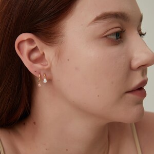 18K Solid Gold Floating Pear Diamond Charm Threaded Stud Earring, Au750 Unique extremely shiny earrings for Women, Wedding Anniversary gift.