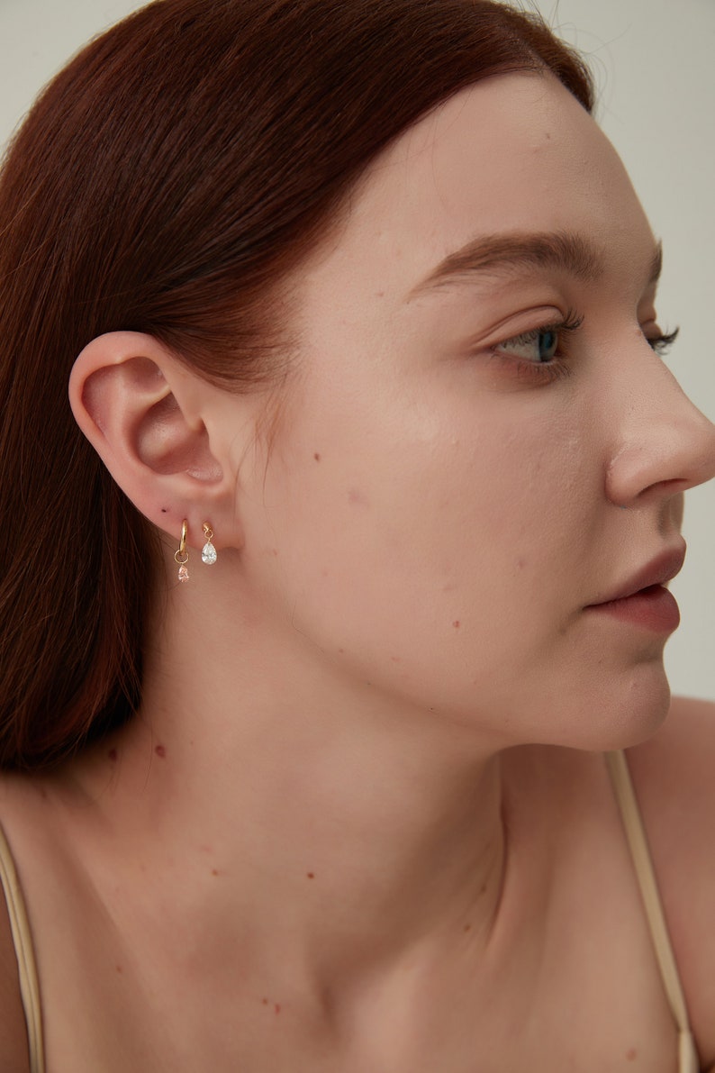 18K Solid Gold Floating Pear Diamond Charm Threaded Stud Earring, Au750 Unique extremely shiny earrings for Women, Wedding Anniversary gift.
