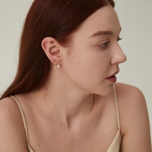 18K Solid Gold Floating Pear Diamond Charm Threaded Stud Earring, Au750 Unique extremely shiny earrings for Women, Wedding Anniversary gift.