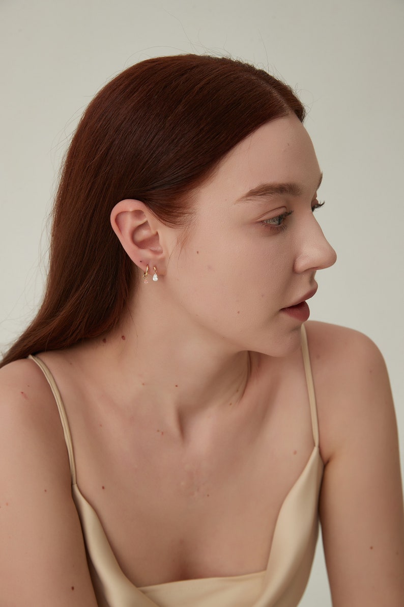 18K Solid Gold Floating Pear Diamond Charm Threaded Stud Earring, Au750 Unique extremely shiny earrings for Women, Wedding Anniversary gift.