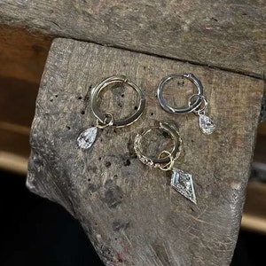 18K Solid Gold  Pear-Shaped Floating Diamond Charm hoop earring,  Au750 Unique extremely shiny earrings for Women, Girlfriend gift.