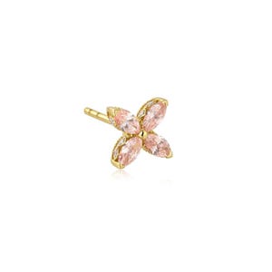 18K Solid Gold Engraved Clover Pink Diamond Threaded Stud Earring, Au750 Unique extremely shiny earring for Women, Wedding Anniversary gift.