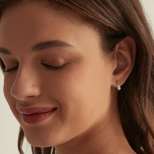 18K Solid Gold Floating Pear Diamond Charm Threaded Stud Earring, Au750 Unique extremely shiny earrings for Women, Wedding Anniversary gift.