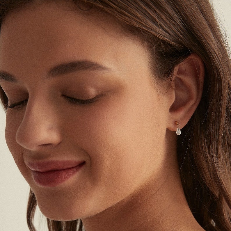 18K Solid Gold Floating Pear Diamond Charm Threaded Stud Earring, Au750 Unique extremely shiny earrings for Women, Wedding Anniversary gift.