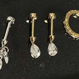 18K Solid Gold Floating Pear Diamond Charm Threaded Stud Earring, Au750 Unique extremely shiny earrings for Women, Wedding Anniversary gift.