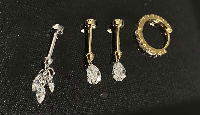 18K Solid Gold Floating Pear Diamond Charm Threaded Stud Earring, Au750 Unique extremely shiny earrings for Women, Wedding Anniversary gift.