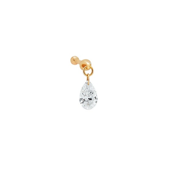 18K Gold Pear Diamond Stud Earring: Floating Charm, Au750 Threaded Post (Single)